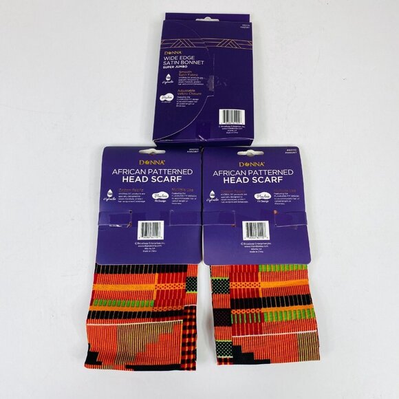 Donna African Patterned Head Scarves 13"x60" & Satin Padded Bonnet Set (3-Pack) - Picture 3 of 6